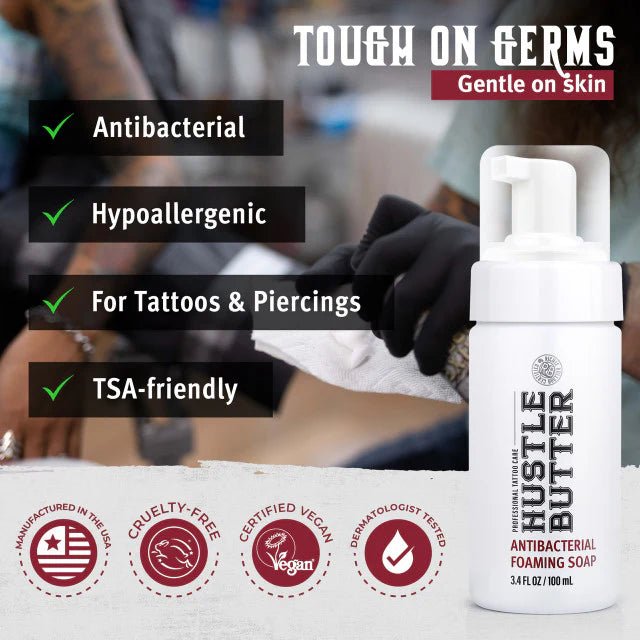 Hustle Butter antibacterial foaming soap bottle with product features and branding details.