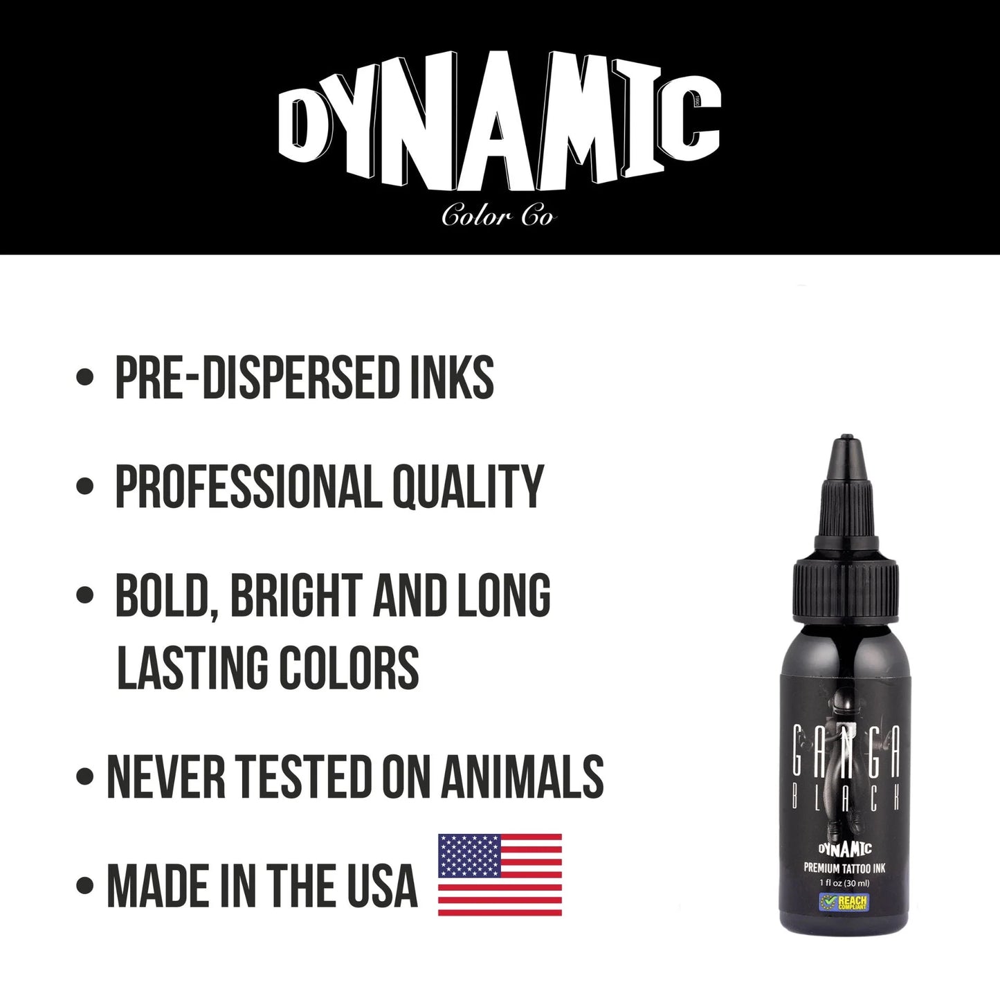 Dynamic Color Co. Ganga tattoo ink bottle with product features on a white background