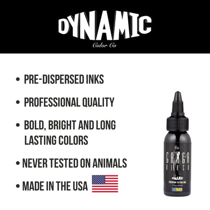 Dynamic Color Co. Ganga tattoo ink bottle with product features on a white background