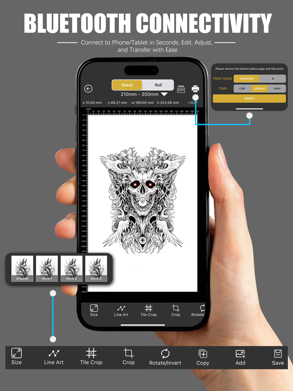 Hand holding a smartphone with tattoo stencil printer app on screen, showcasing Bluetooth connectivity.