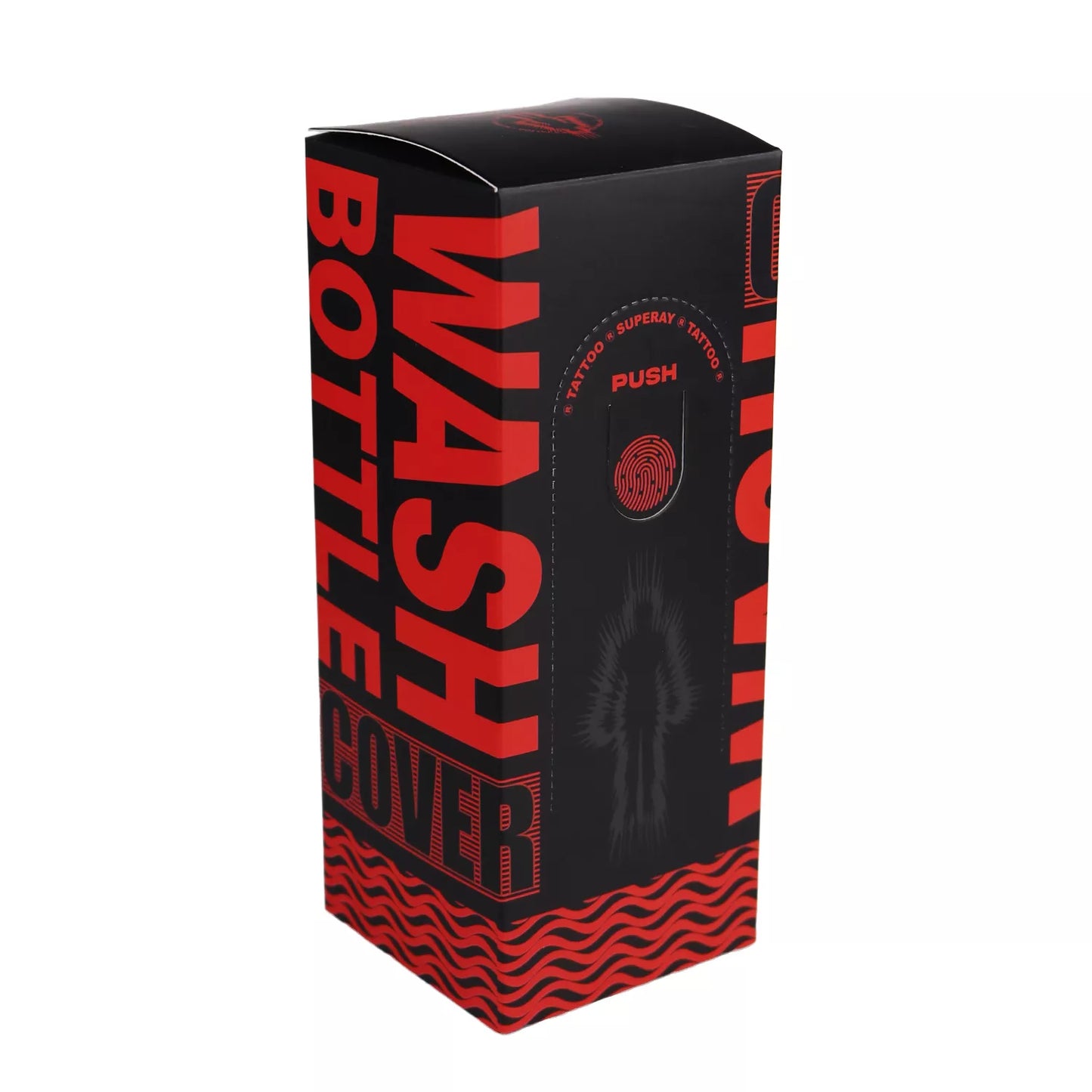Black and red box with 'Wash Bottle Cover' text on a white background