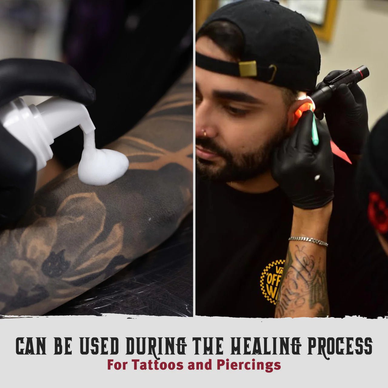 Hustle Butter Antibacterial Foaming Soap  in use on tattoo and piercing