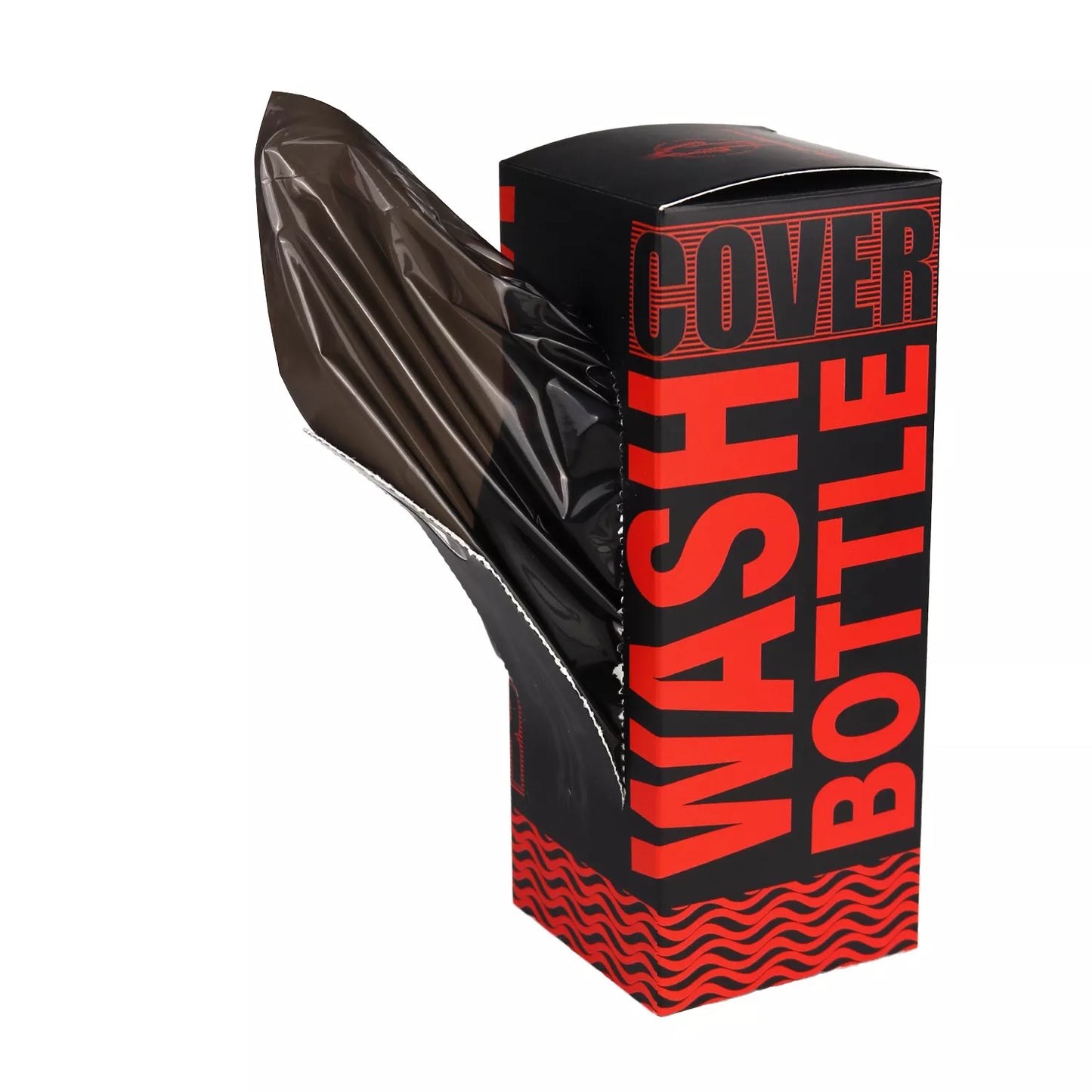 Black and red packaging of a wash bottle covers, with a cover on a white background