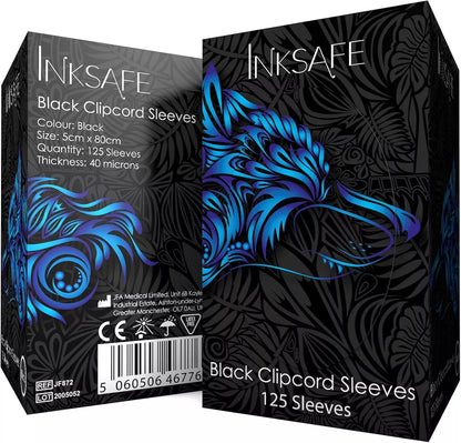Inksafe black clipcard sleeves packaging with wolf design on a black background