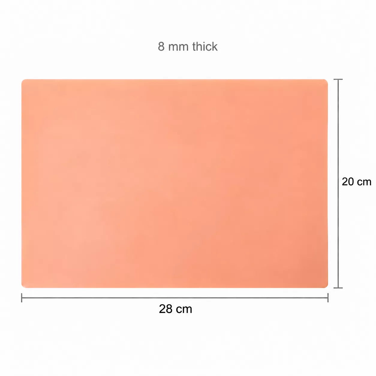 A  tattoo Fake Skin 8mm thick shown on a white background with dimension labels indicating 28 cm by 20 cm and 8 mm thickness.