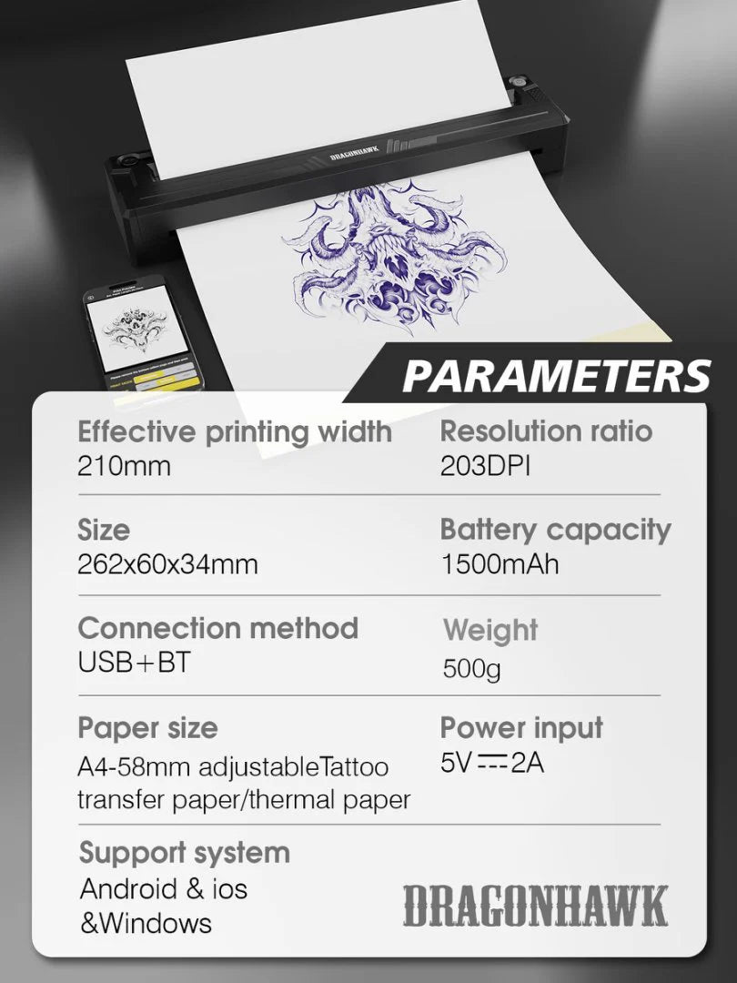 Dragonhawk tattoo printer with parameters displayed on a black background