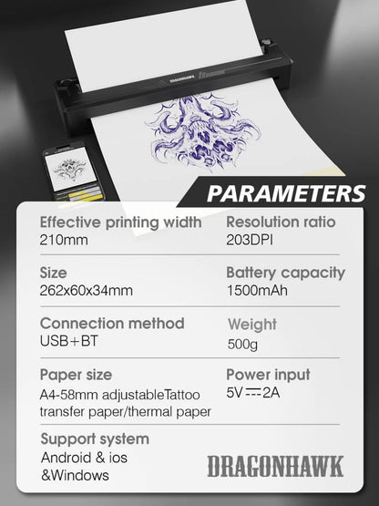 Dragonhawk tattoo printer with parameters displayed on a black background