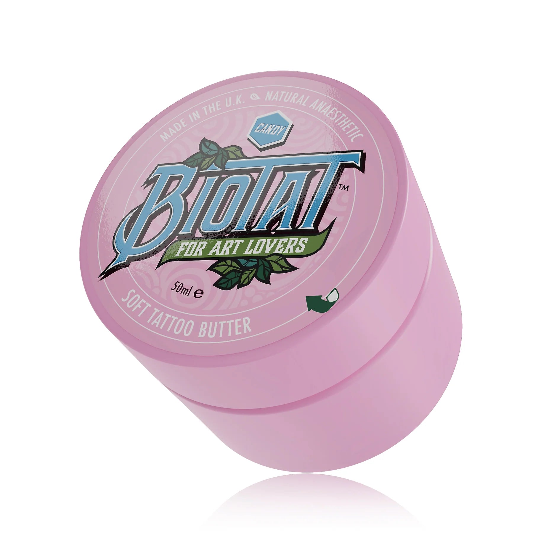 Pink jar of Biotat Candy soft tattoo butter on a white background