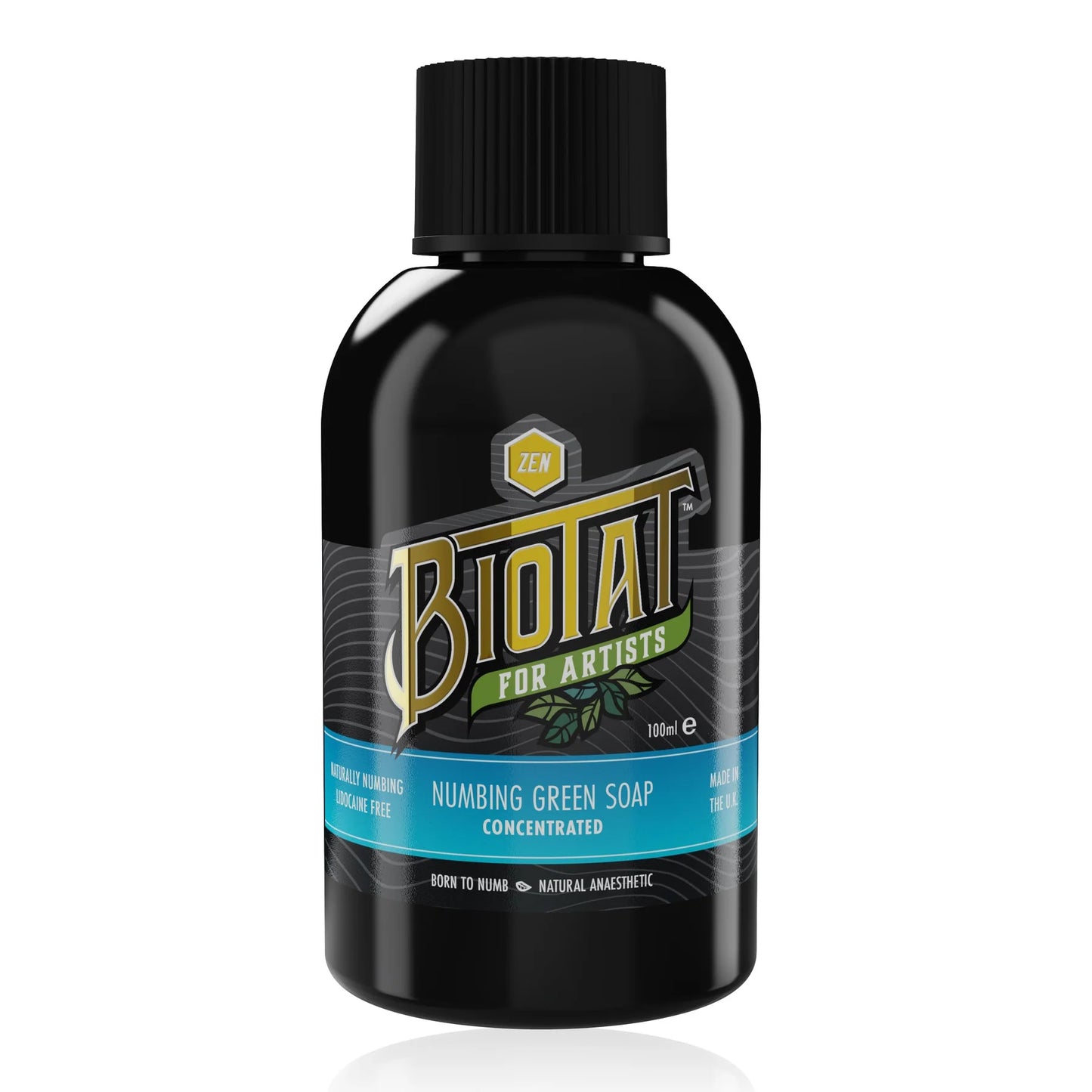 A 100ml black bottle of Biotat Zen  Numbing Green Soap Concentrated for Tattoo Artists, featuring a black cap and a label with gold, green, and blue accents, set against a plain white background.
