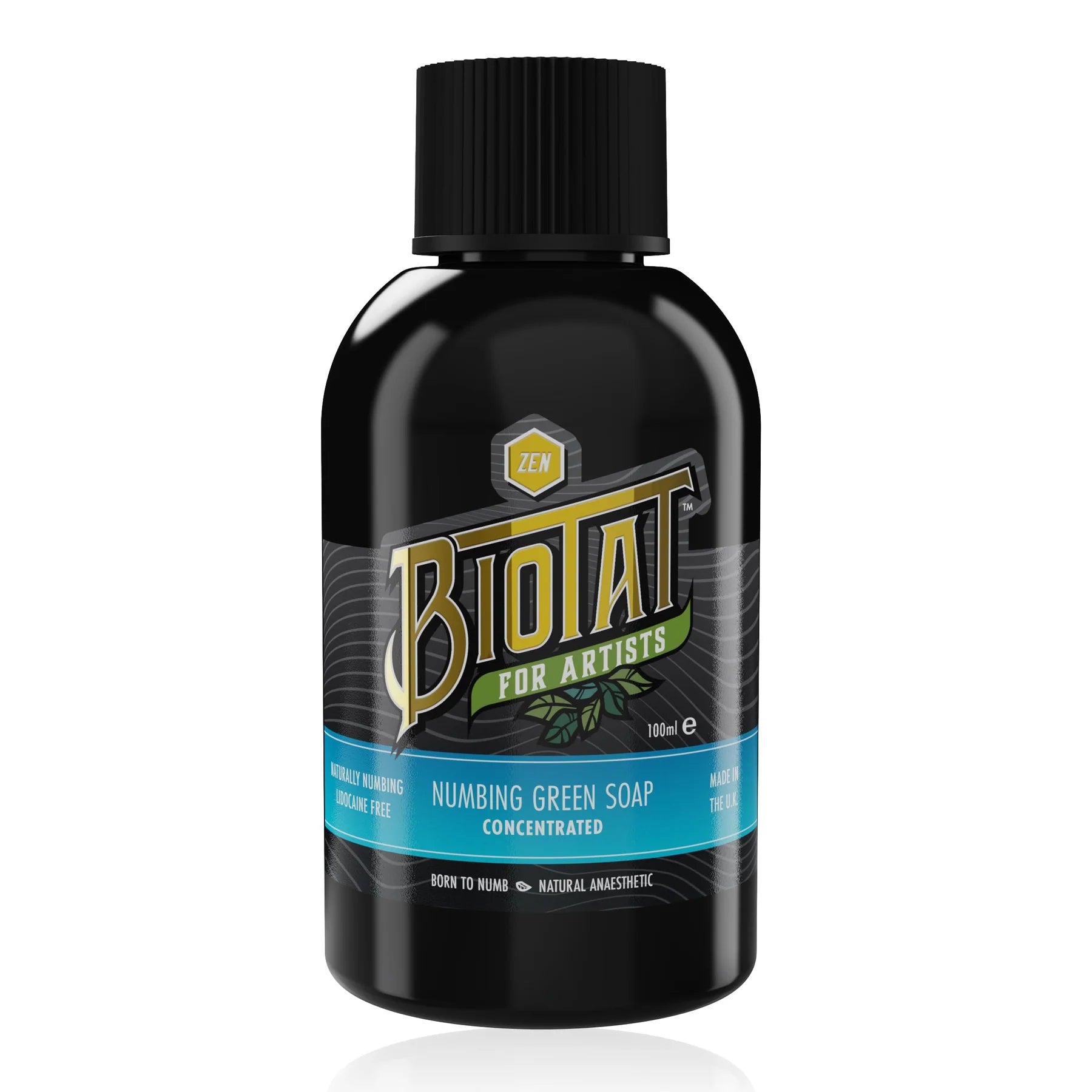 A 100ml black bottle of Biotat Zen  Numbing Green Soap Concentrated for Tattoo Artists, featuring a black cap and a label with gold, green, and blue accents, set against a plain white background.