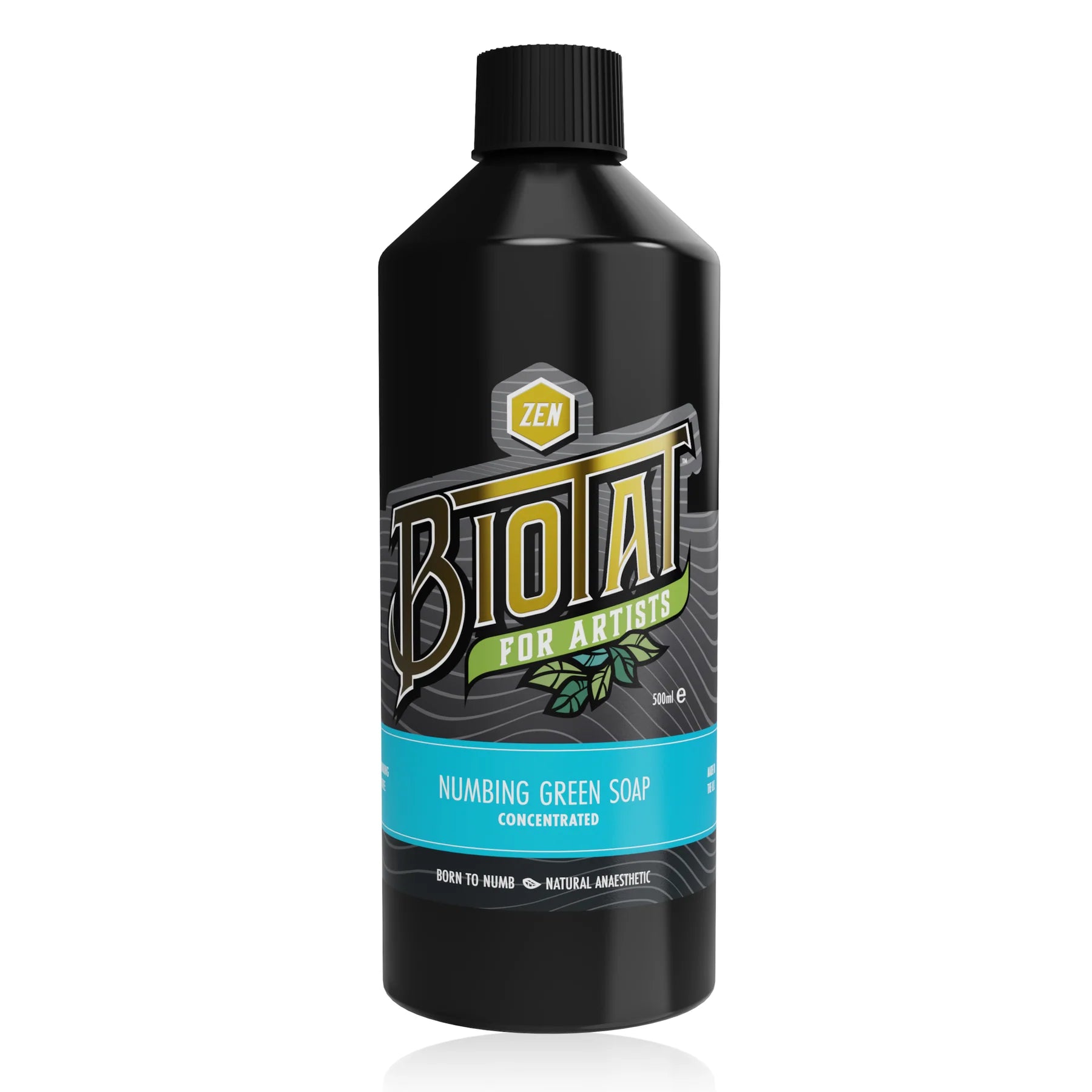 A 300ml black bottle of Biotat Zen Numbing Green Soap Concentrated for tattoo artists, featuring a black cap and a label with gold, green, and blue accents, set against a plain white background.