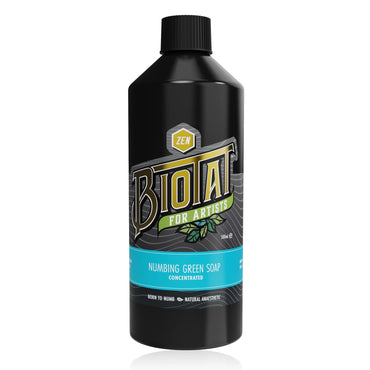 A 300ml black bottle of Biotat Zen Numbing Green Soap Concentrated for tattoo artists, featuring a black cap and a label with gold, green, and blue accents, set against a plain white background.
