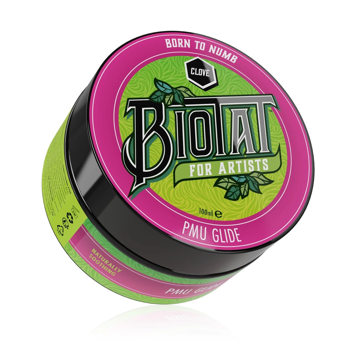 Biotat PMU Glide container with green and pink design on a white background