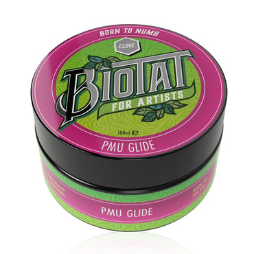 Biotat PMU Glide container with green and pink design on a white background