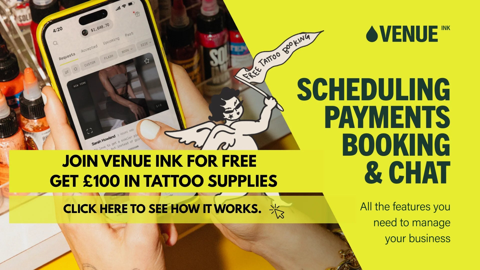 Promotional graphic for Tattoo Boutique and Venue Ink with a phone screen and tattoo-related text on a yellow background.