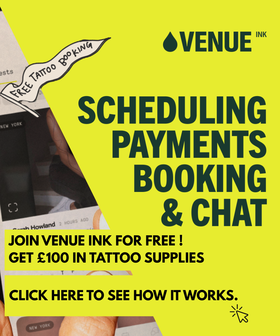 Promotional graphic for Tattoo Boutique and Venue Ink with text about scheduling payments, booking, and chat services.