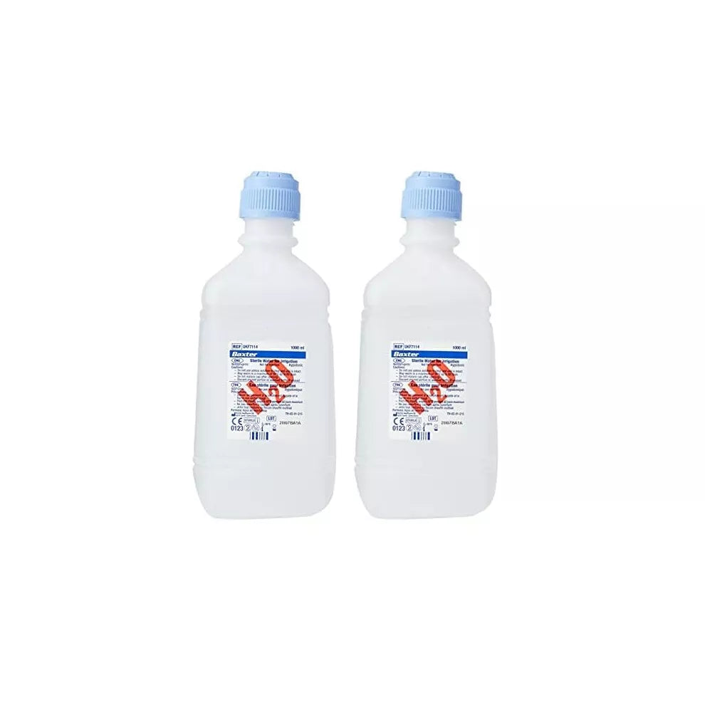 Two 1L pour bottles of Baxter Sterile Water Bottles 1L, shown side-by-side on a white background.