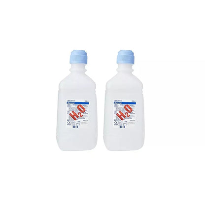 Two 1L pour bottles of Baxter Sterile Water Bottles 1L, shown side-by-side on a white background.