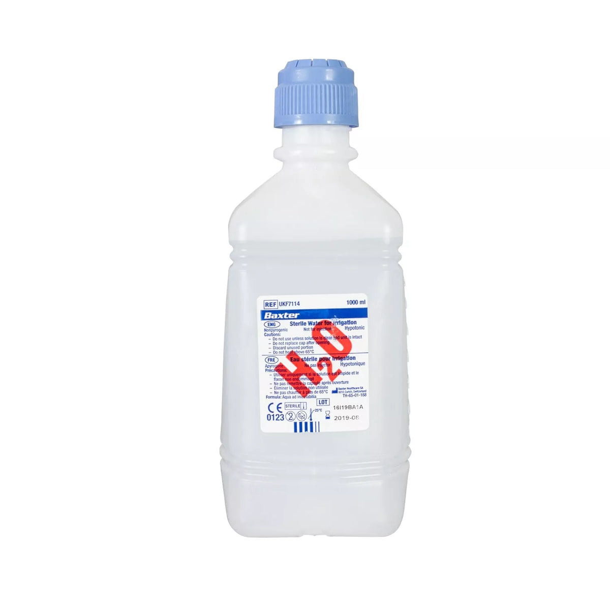 A Baxter 1000ml plastic bottle of sterile water with a blue screw cap and a white label featuring blue text and a large red 'H2O' overlay, set against a plain white background.
