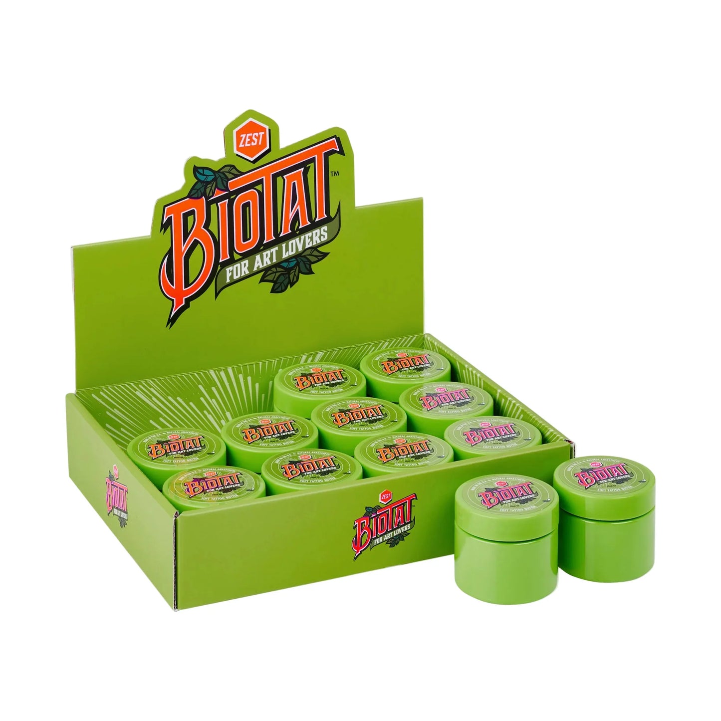 Biotat Zest tattoo butter display box Open Angle with Products on white background 