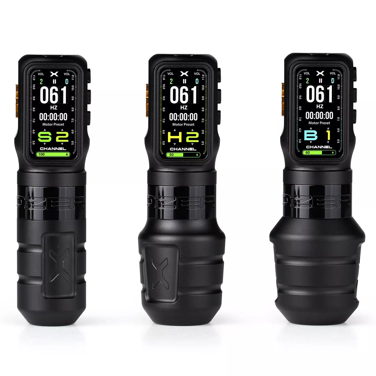 Black Ozer X Channel tattoo pen with 3 interchangeable grips