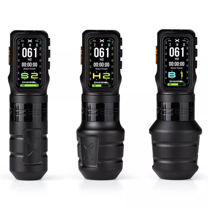 Black Ozer X Channel tattoo pen with 3 interchangeable grips