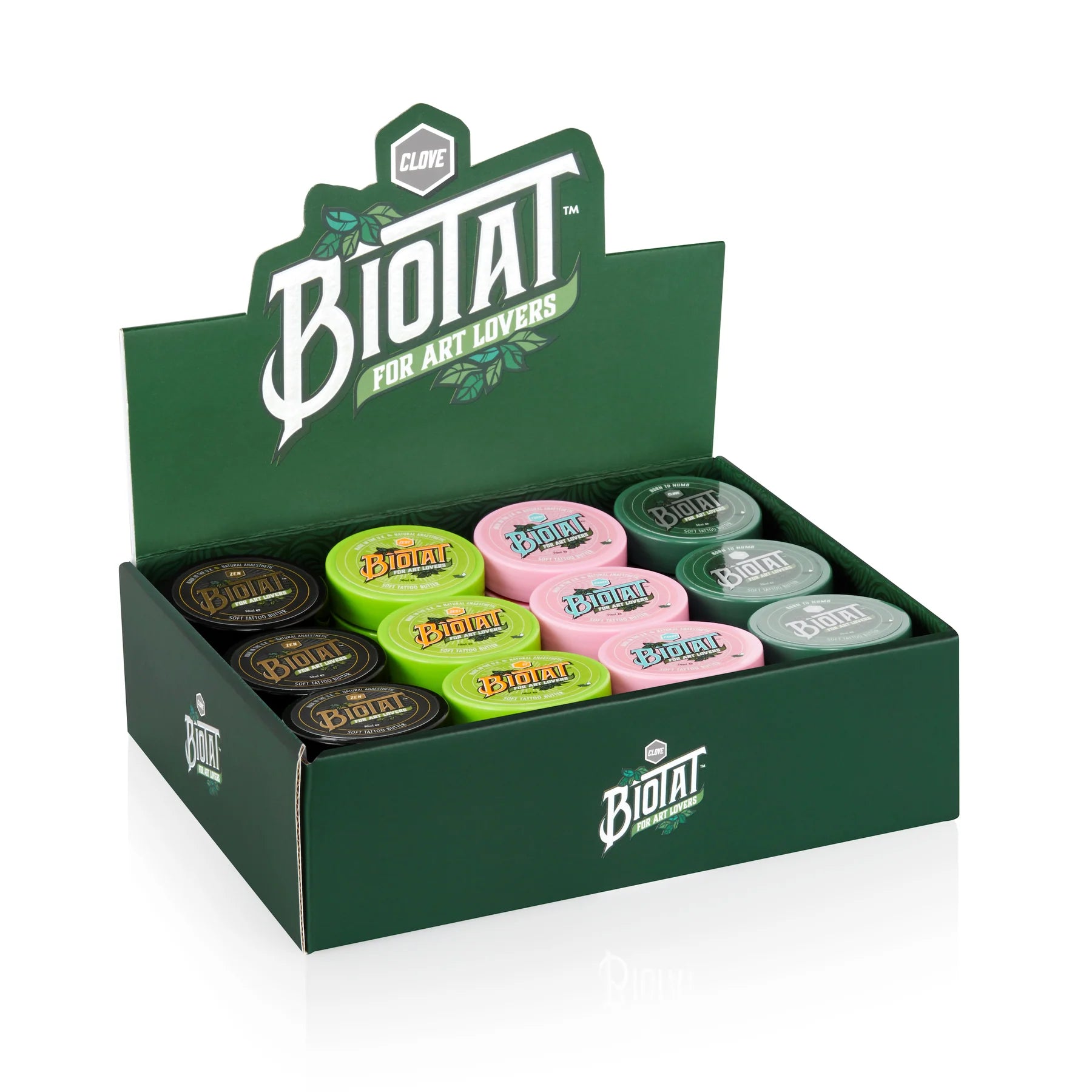 Display box of Biotat products with various butters on a white background