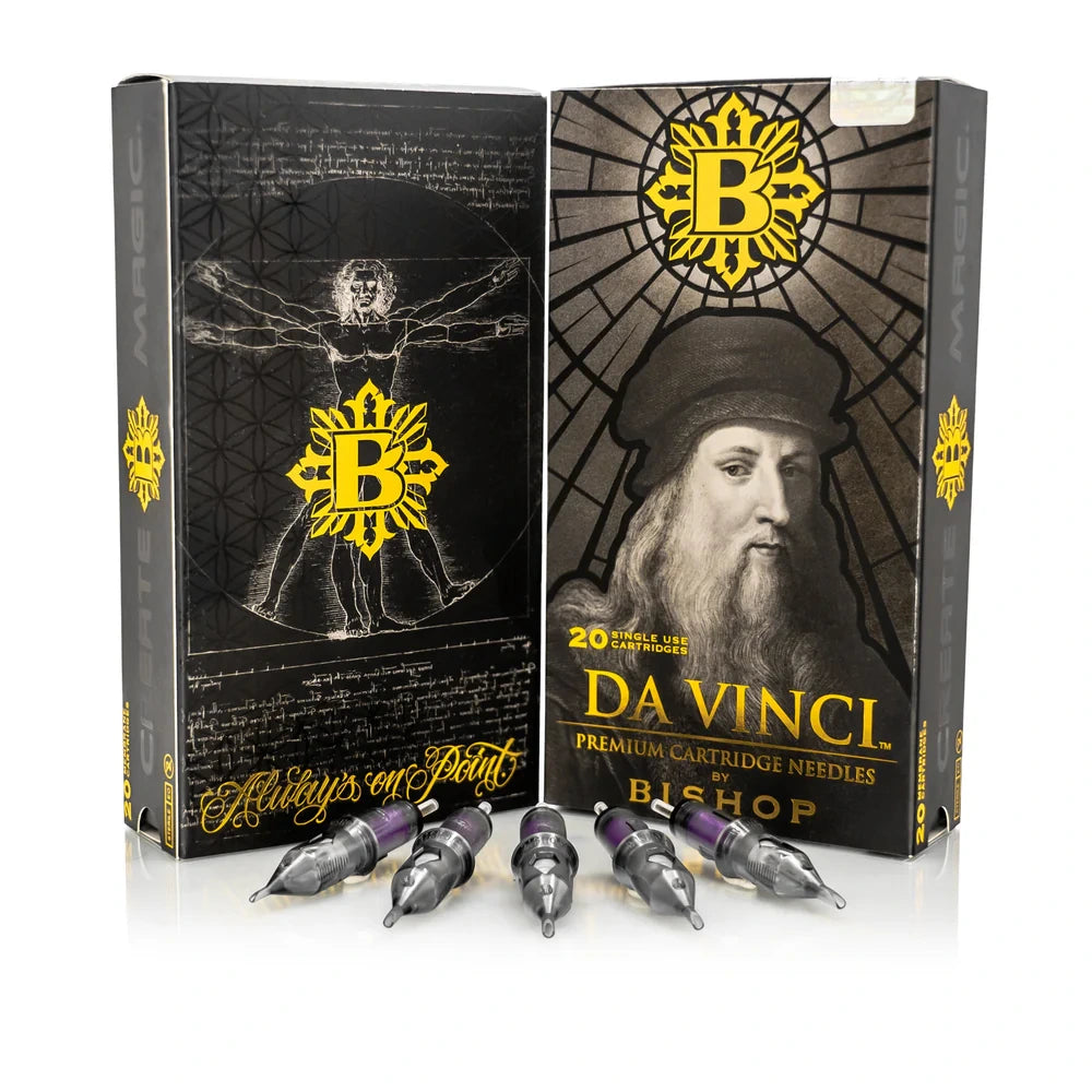 Two boxes of Da Vinci premium cartridge needles by Bishop, featuring images and branding.