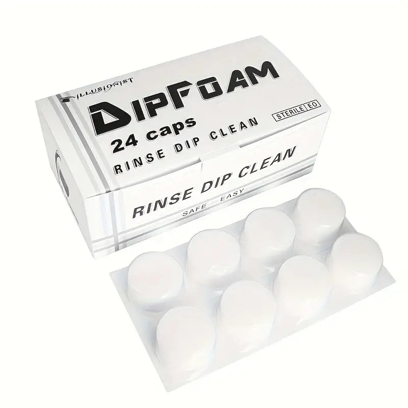 Box of Dip Foam tattoo rinse cleaning caps on a white background