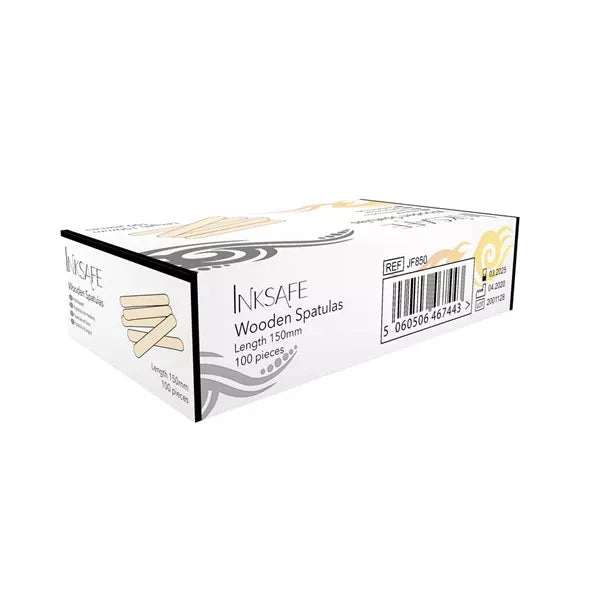 A box of Inksafe Wooden Spatulas, 100 pieces, length 150mm. The packaging is white with black and gold accents, showing a graphic of wooden spatulas on the side.