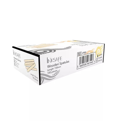 A box of Inksafe Wooden Spatulas, 100 pieces, length 150mm. The packaging is white with black and gold accents, showing a graphic of wooden spatulas on the side.