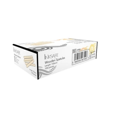 A box of Inksafe Wooden Spatulas, 100 pieces, length 150mm. The packaging is white with black and gold accents, showing a graphic of wooden spatulas on the side.