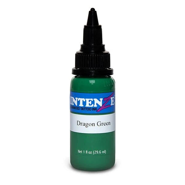 A bottle of Intenze Tattoo Ink in the color 'Dragon Green', featuring a black cap and a label with blue, white, and green sections, set against a plain white background.