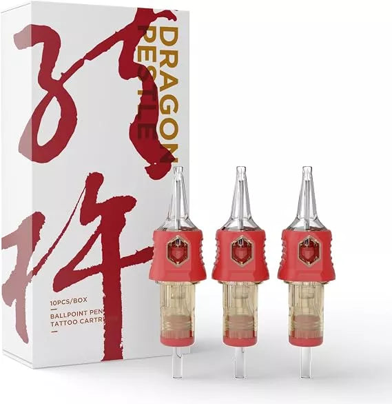 Three red and clear ballpoint tattoo cartridges displayed in front of their white and red retail box, featuring Chinese calligraphy and gold 'DRAGON PESTLE' text.