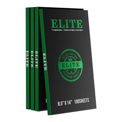 Black and green packaging of Elite thermal transfer paper with branding.