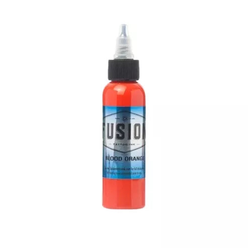 A bottle Fusion Blood Orange Tattoo Ink 30ml, featuring a bright orange-red ink bottle with a black cap and a blue and white label.