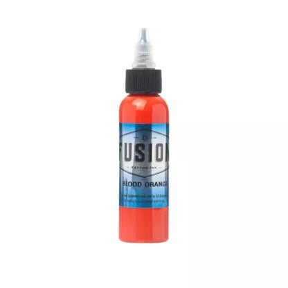 A bottle Fusion Blood Orange Tattoo Ink 30ml, featuring a bright orange-red ink bottle with a black cap and a blue and white label.