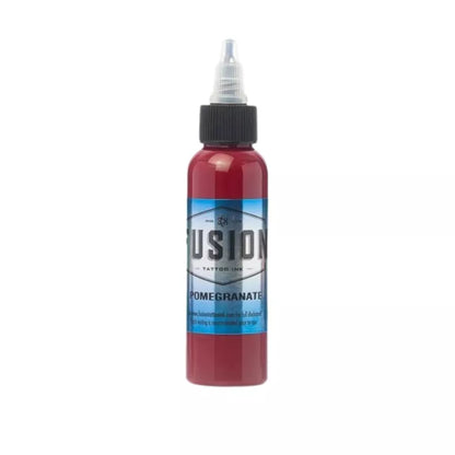 A bottle of Fusion Tattoo Ink in the Pomegranate shade, featuring a translucent red bottle, a black cap, and a blue and white label, set against a plain white background.