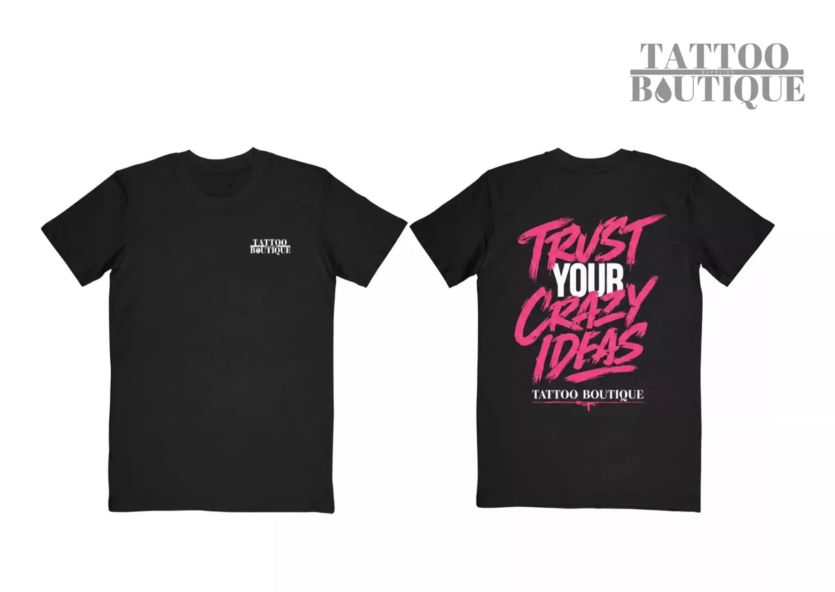 Two black short-sleeve T-shirts shown against a white background, displaying the front and back designs. The front shirt features a small white 'TATTOO BOUTIQUE' logo on the left chest.