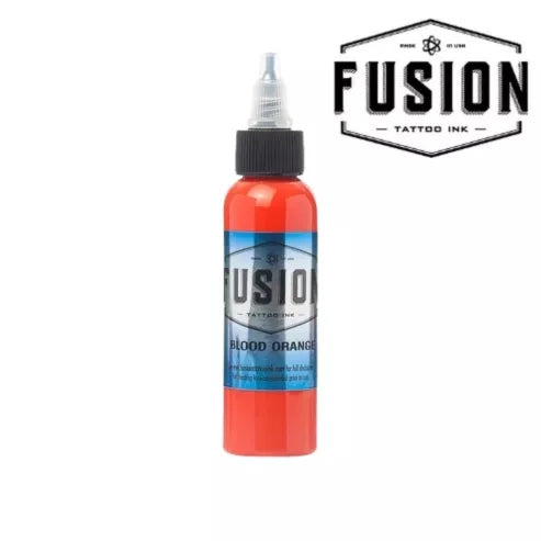 A bottle of Fusion Tattoo Ink in the shade Blood Orange, featuring a bright orange-red liquid inside a clear bottle with a black cap and blue label, shown against a white background with a brand logo overlay in the top right.