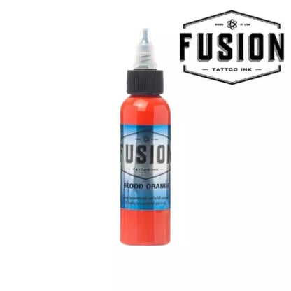 A bottle of Fusion Tattoo Ink in the shade Blood Orange, featuring a bright orange-red liquid inside a clear bottle with a black cap and blue label, shown against a white background with a brand logo overlay in the top right.