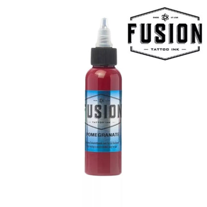 A bottle of Fusion Tattoo Ink in the 'Pomegranate' color, showing a deep red ink inside a clear bottle with a black cap and blue label, set against a plain white background with a Fusion brand logo overlay in the top right.