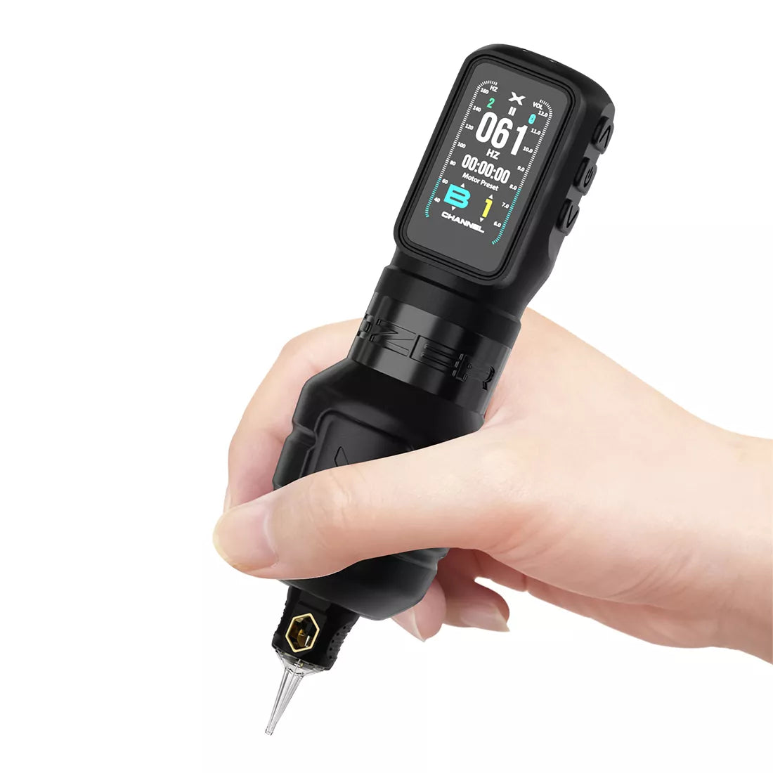 Ozer wireless tattoo machine held in a hand with a white background