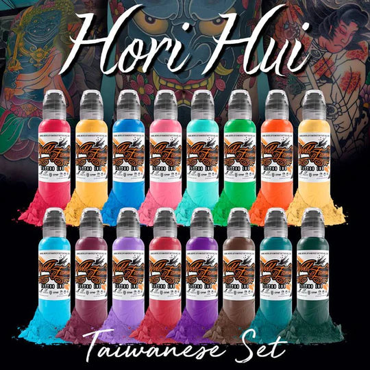 Set of Hori Hui World Famous ink bottles in various colors with a colorful background.