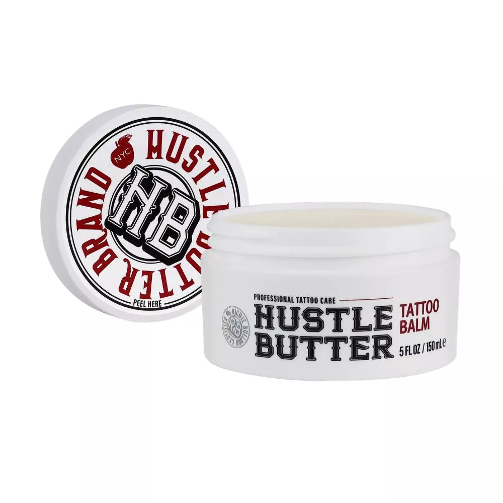 Hustle Butter tattoo balm tub with lid on a white background