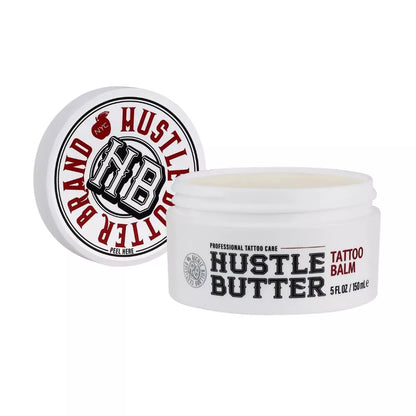 Hustle Butter tattoo balm tub with lid on a white background