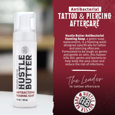 Hustle Butter Antibacterial Foaming Soap with product description on a red background
