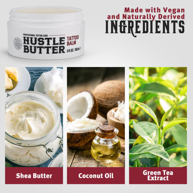 Hustle Butter tattoo balm jar with ingredients like shea butter, coconut oil, and green tea extract on a white background.