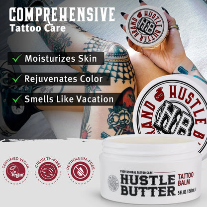 Hustle Butter tattoo balm with tattoos and text highlighting benefits