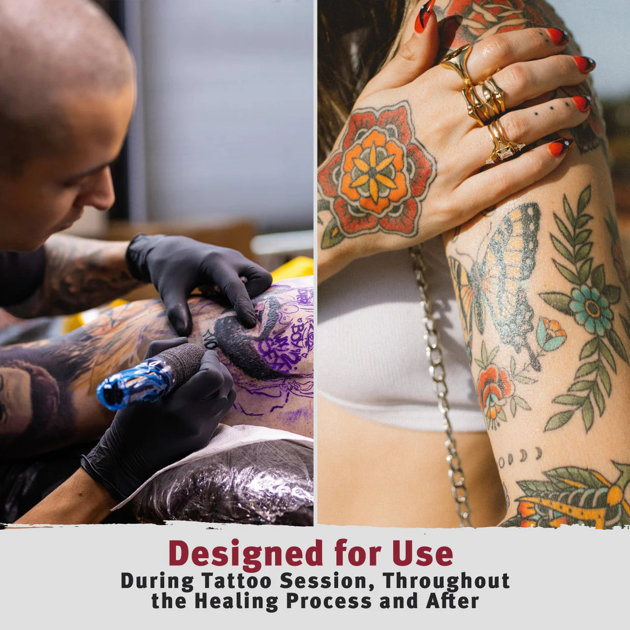 Tattoo artist working on a tattoo with a close-up of a person's tattooed arm.